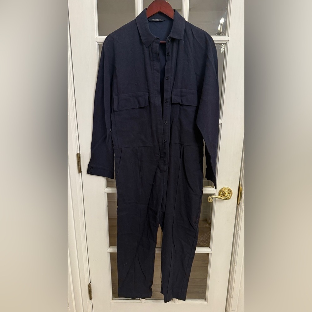 KNOT SISTERS Women’s Navy Blue Cotton Linen Blend Button Up Utility Jumpsuit
